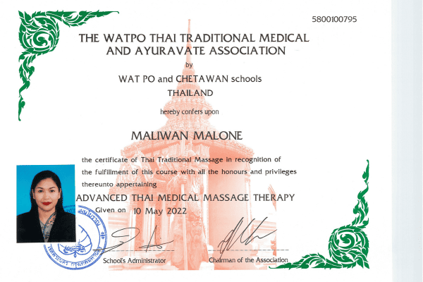 Wat Po Thai Traditional Massage certificate — Maliwan Sanpoh