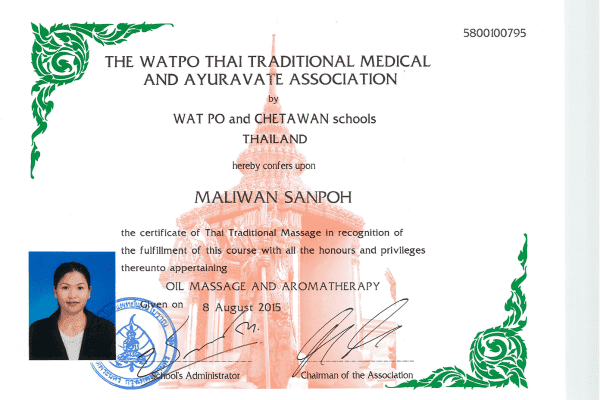 Wat Po Oil Massage & Aromatherapy certificate — Maliwan Sanpoh