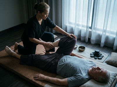 Therapist guiding the client's bent knee across the body in a gentle assisted hip stretch, the client clothed in loose